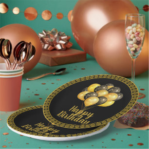Happy Birthday, gold and black,  Paper Plate