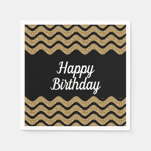Happy Birthday Gold And Black Stripes   Napkin (Front)
