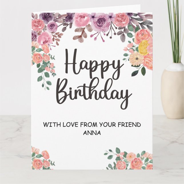 Happy Birthday | Gold and Blush Pink Flowers Card (Front)