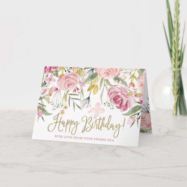 Happy Birthday | Gold and Blush Pink Flowers Card (Front)