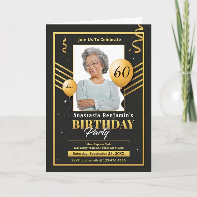 Happy Birthday Gold Black Balloons Invitation (Front)