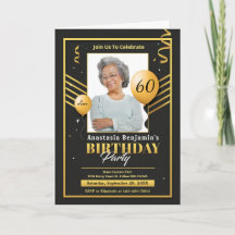 Happy Birthday Gold Black Balloons Invitation