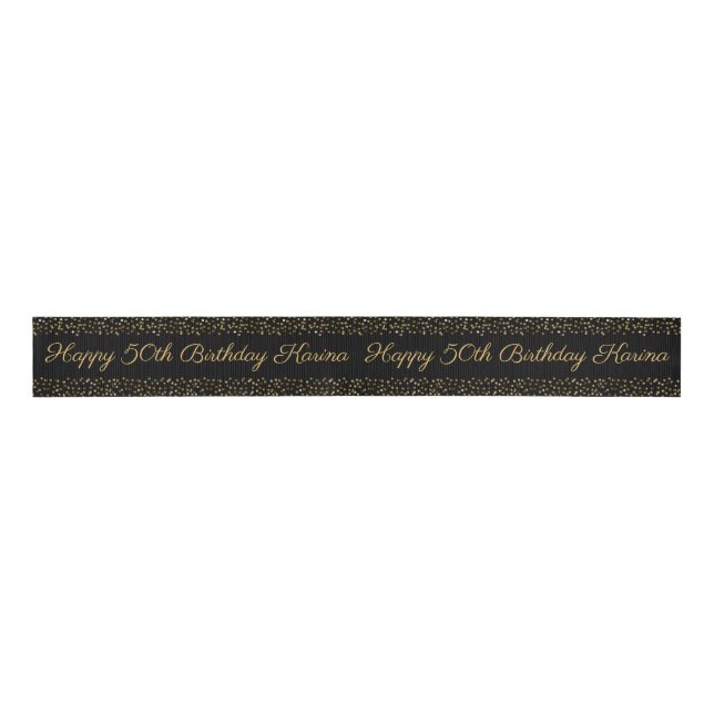 Happy Birthday Gold Black Confetti Personal Ribbon Grosgrain Ribbon (Front)