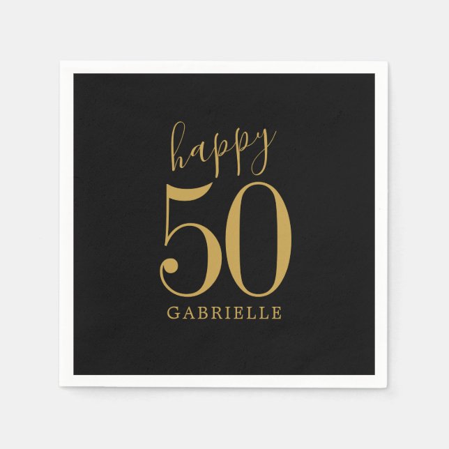 Happy Birthday Gold Black Custom Age Name Napkin (Front)