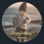 happy birthday gold calligraphy photo classic round sticker<br><div class="desc">happy birthday gold calligraphy photo sticker, custom.</div>