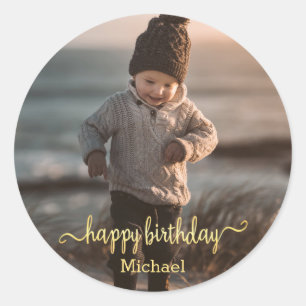 happy birthday gold calligraphy photo classic round sticker