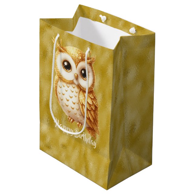 Happy Birthday Gold Colour Owl on Gold Medium Gift Bag (Front Angled)