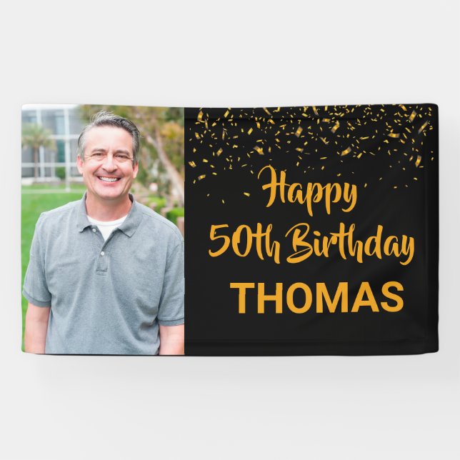 Happy Birthday Gold Confetti Photo Any Year Custom Banner (Horizontal)