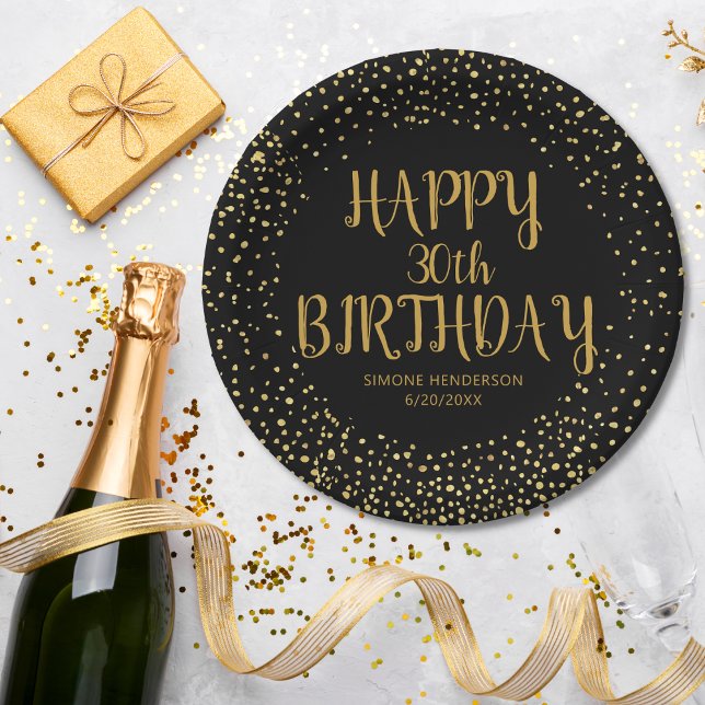 Happy Birthday Gold Glitter Any Year Custom Black Paper Plate (Creator Uploaded)