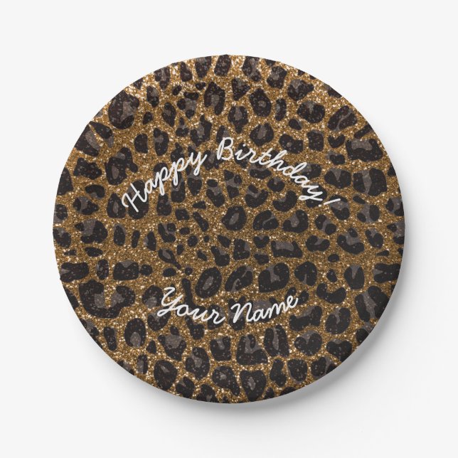 Happy Birthday gold glitter leopard Paper Plate (Front)