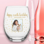 Happy Birthday Gold Glitter Photo Any Year Custom<br><div class="desc">Celebrate a big birthday with this fun wine glass featuring the birthday girl's photo,  2 custom lines of text all set against a faux gold glitter confetti background. Fun and festive - perfect for any birthday celebration.</div>