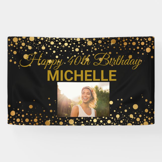 Happy Birthday Gold Glitter Photos Any Year Custom Banner (Horizontal)