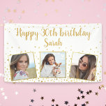 Happy Birthday Gold Glitter Photos Any Year Custom Banner<br><div class="desc">Celebrate a big birthday with this banner featuring 3 photos of the birthday girl/boy and the birthday girl's name,  all set against a white background accented with faux gold glitter confetti sparkles.  Fun and festive perfect for any birthday celebration.</div>