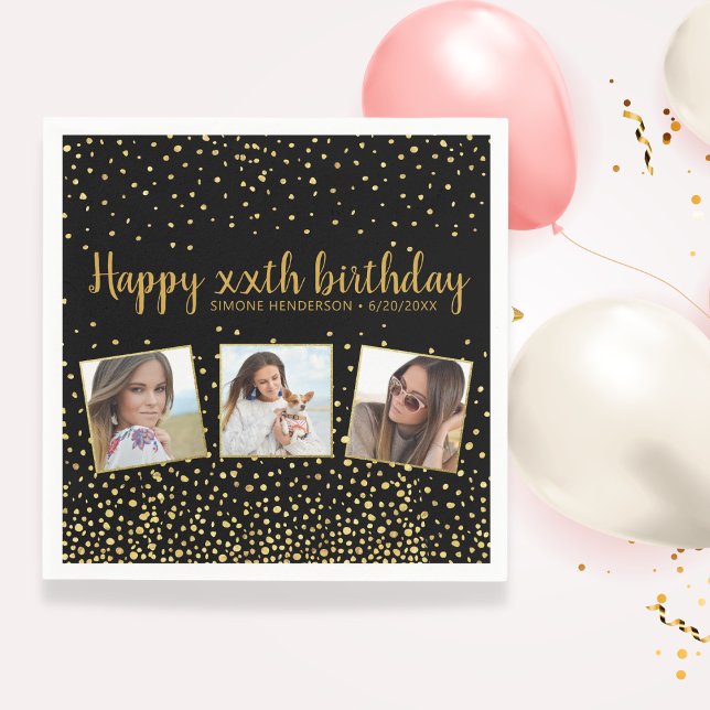 Happy Birthday Gold Glitter Photos Any Year Custom Napkin (Creator Uploaded)