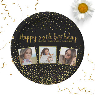 Happy Birthday Gold Glitter Photos Any Year Custom Paper Plate