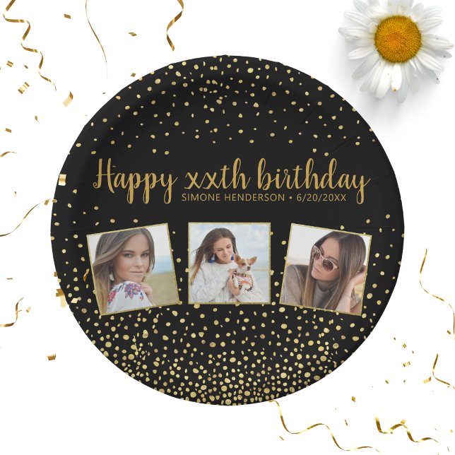 Happy Birthday Gold Glitter Photos Any Year Custom Paper Plate (Creator Uploaded)