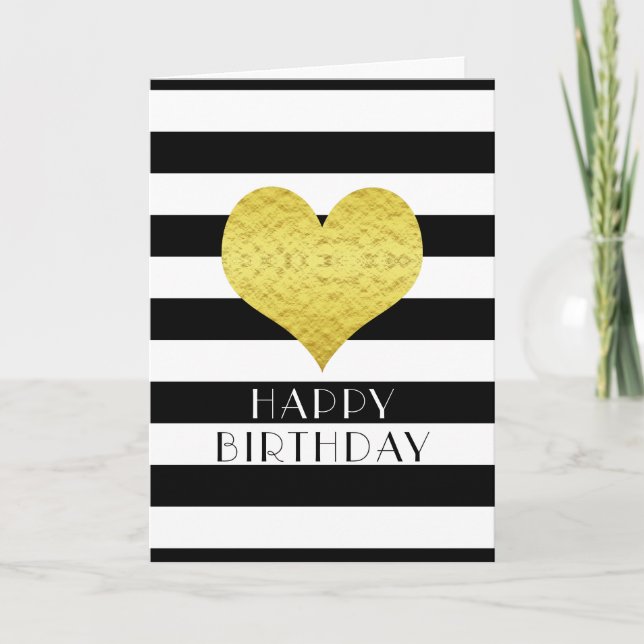 Happy Birthday Gold Heart Black White Stripes Card (Front)