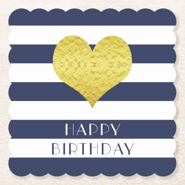 Happy Birthday Gold Heart Blue White Stripes Paper Coaster (Front)