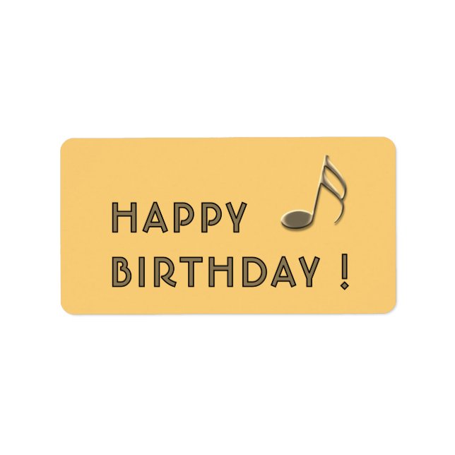 "Happy Birthday" Gold Music Note Yellow Gift Label (Front)