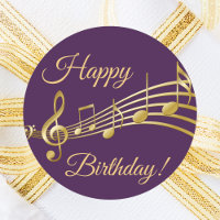 Happy Birthday gold music notes on elegant purple