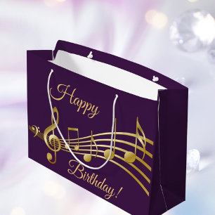 Happy Birthday gold music notes on elegant purple Large Gift Bag