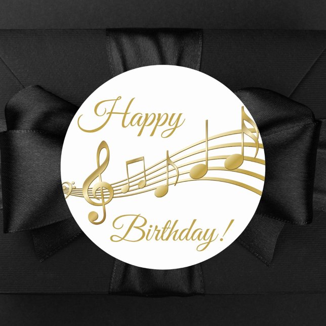 Happy Birthday gold music notes white Classic Round Sticker (Creator Uploaded)