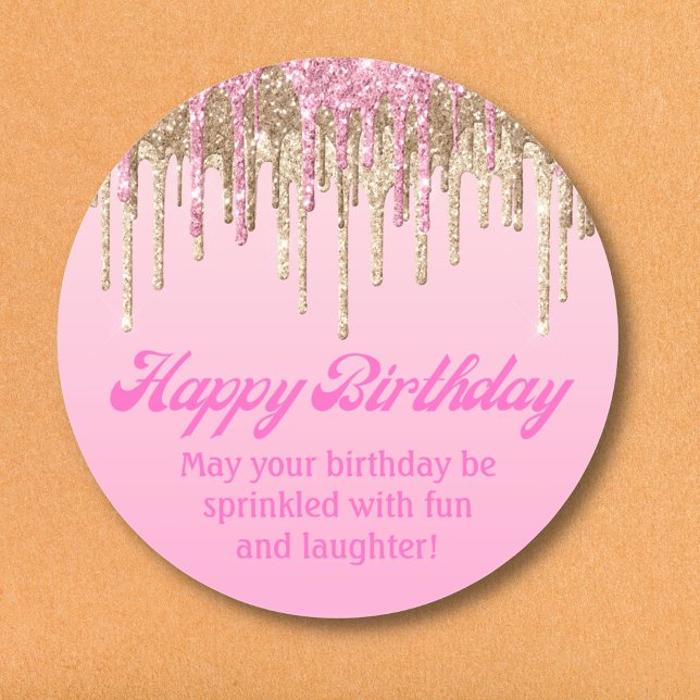 happy birthday gold pink dripping glitters luxury classic round sticker (Creator Uploaded)