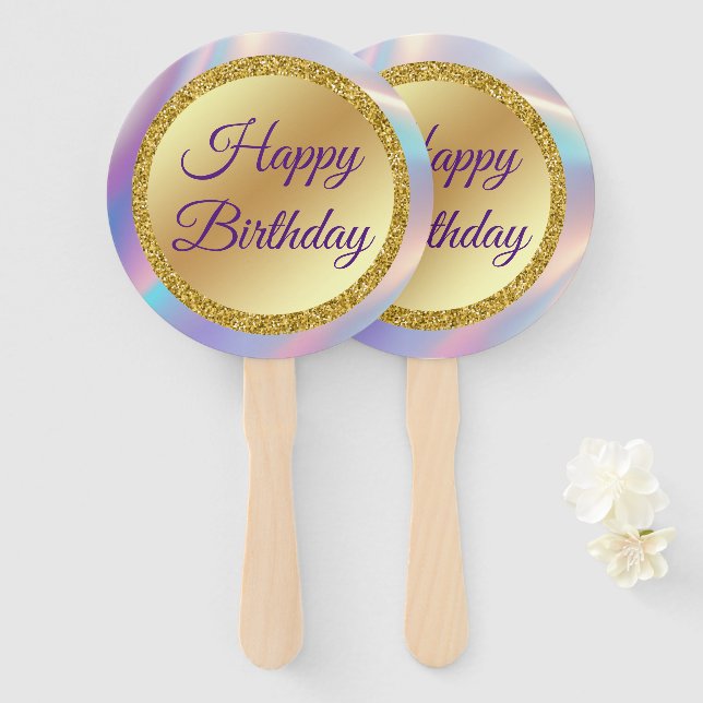 happy birthday,gold purple holographic stylish hand fan (Front and Back)