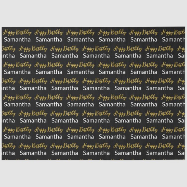 Happy Birthday Gold Script Black and White Name Tissue Paper (Front)