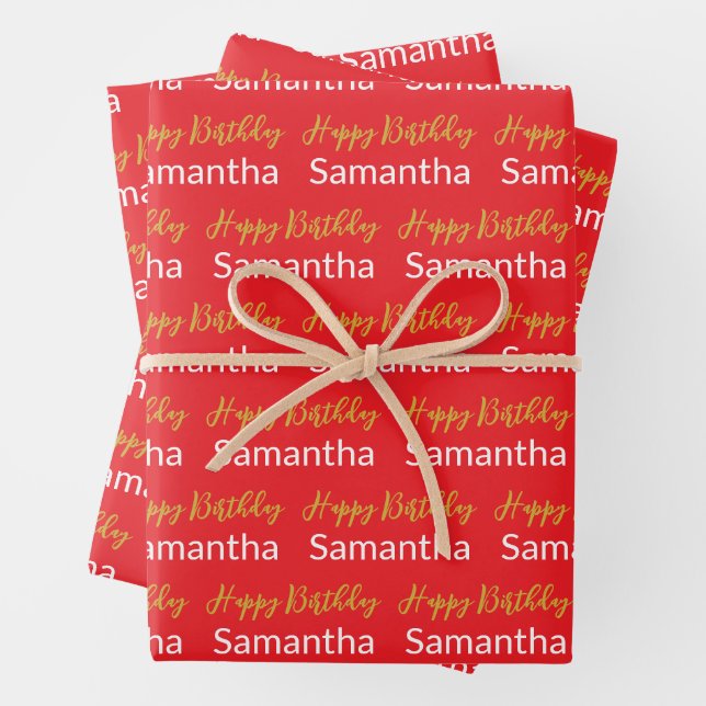 Happy Birthday Gold Script Bright Red White Name Wrapping Paper Sheet (In situ)