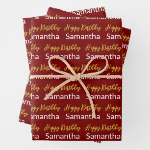 Happy Birthday Gold Script Dark Red and White Name Wrapping Paper Sheet