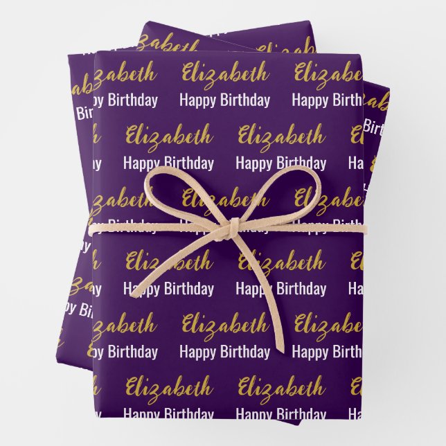 Happy Birthday Gold Script Name Dark Purple White Wrapping Paper Sheet (In situ)