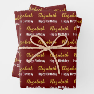 Happy Birthday Gold Script Name Dark Red & White Wrapping Paper Sheet