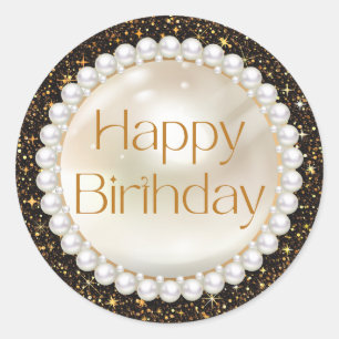 happy birthday gold script pearls black glitters classic round sticker