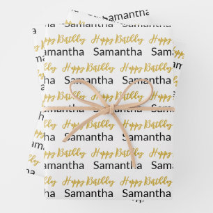 Happy Birthday Gold Script White Black Name Wrapping Paper Sheet