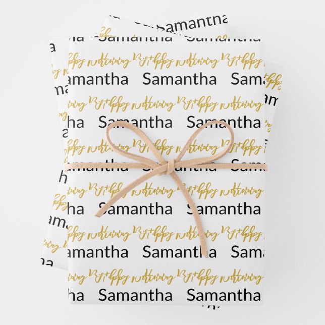 Happy Birthday Gold Script White Black Name Wrapping Paper Sheet (In situ)