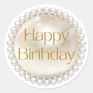 happy birthday gold script white pearls classic round sticker