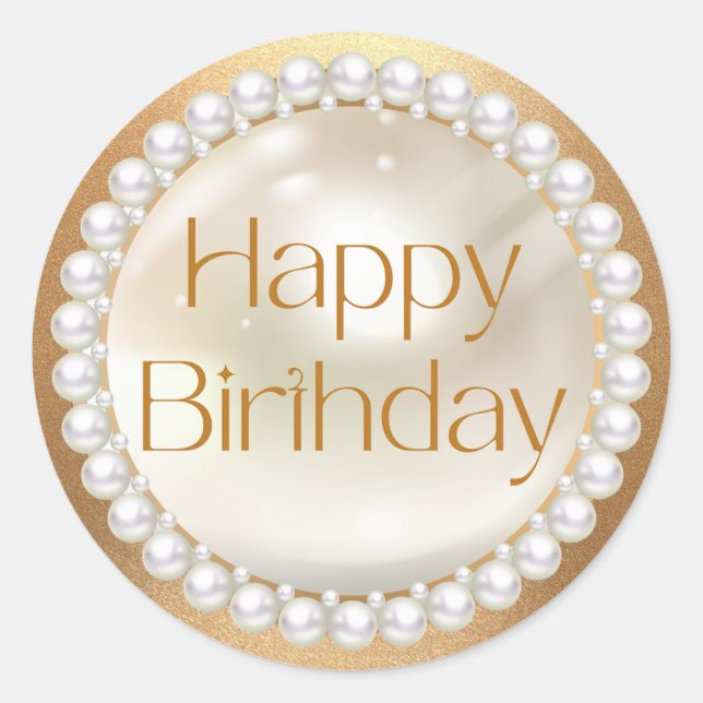 happy birthday gold script white pearls luxury classic round sticker (Front)