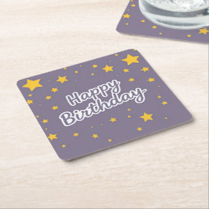 Happy Birthday Gold Stars on Blue  Square Paper Coaster