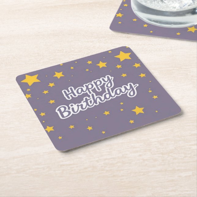 Happy Birthday Gold Stars on Blue  Square Paper Coaster (Angled)