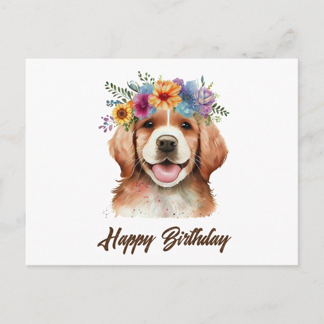 Happy Birthday Golden Retriever Dog and Flowers Postcard (Front)