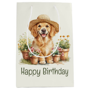 Happy Birthday Golden Retriever Dog Gardening Medium Gift Bag