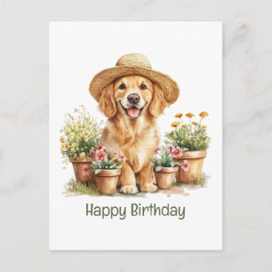 Happy Birthday Golden Retriever Dog Gardening Postcard