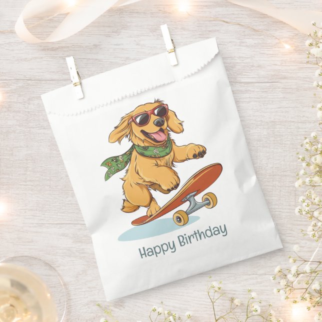 Happy Birthday Golden Retriever Dog Skateboarding Favour Bags (Clipped)