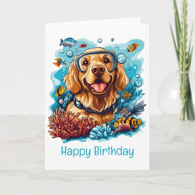Happy Birthday Golden Retriever Dog Snorkelling Card (Front)