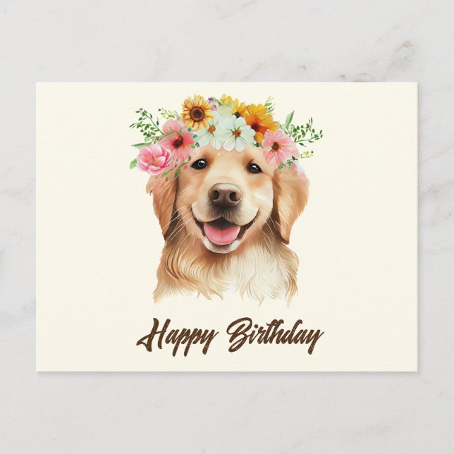 Happy Birthday Golden Retriever Dog with Flowers  Postcard (Front)