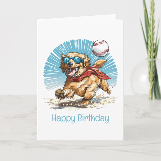 Happy Birthday Golden Retriever Playing Baseball Card (Front)