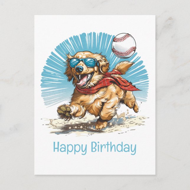 Happy Birthday Golden Retriever Playing Baseball Postcard (Front)