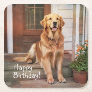 Happy Birthday Golden Retriever Square Paper Coaster