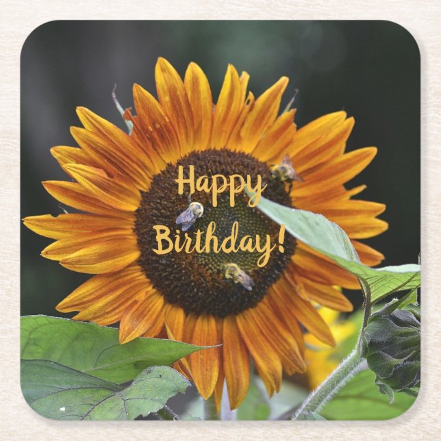 Happy Birthday Golden Sunflower Square Paper Coaster (Front)